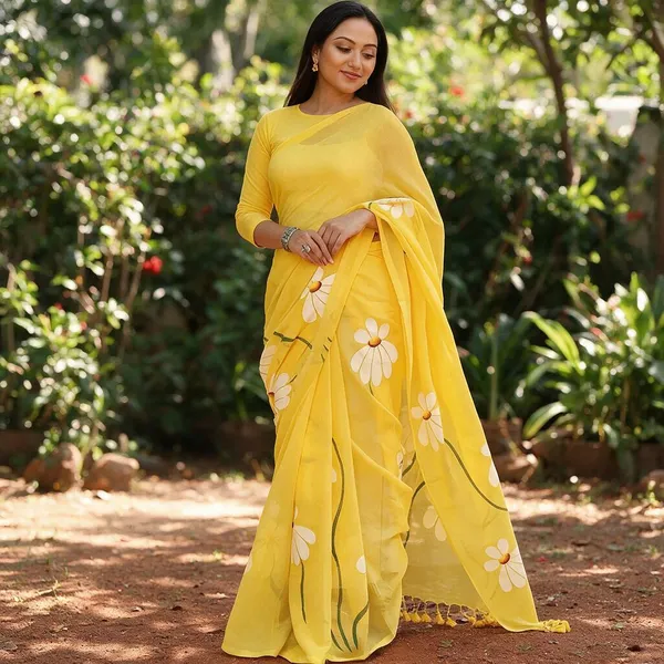 Yellow_Floral_Print_Saree_For_Women