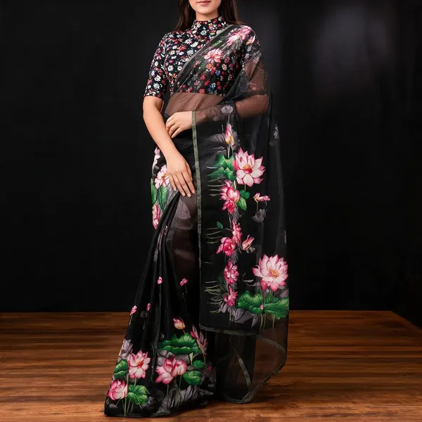 Black_Organza_Floral_Print_Saree_For_Women