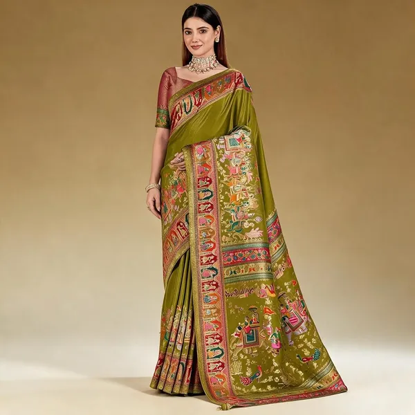 Olive_Green_Traditional_Print_Saree_For_Women