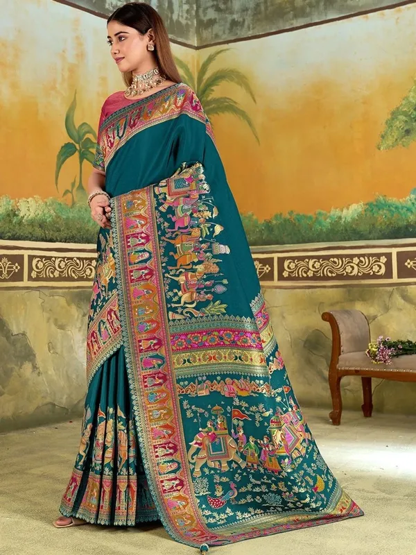 Teal_Ethnic_Printed_Saree_for_Women