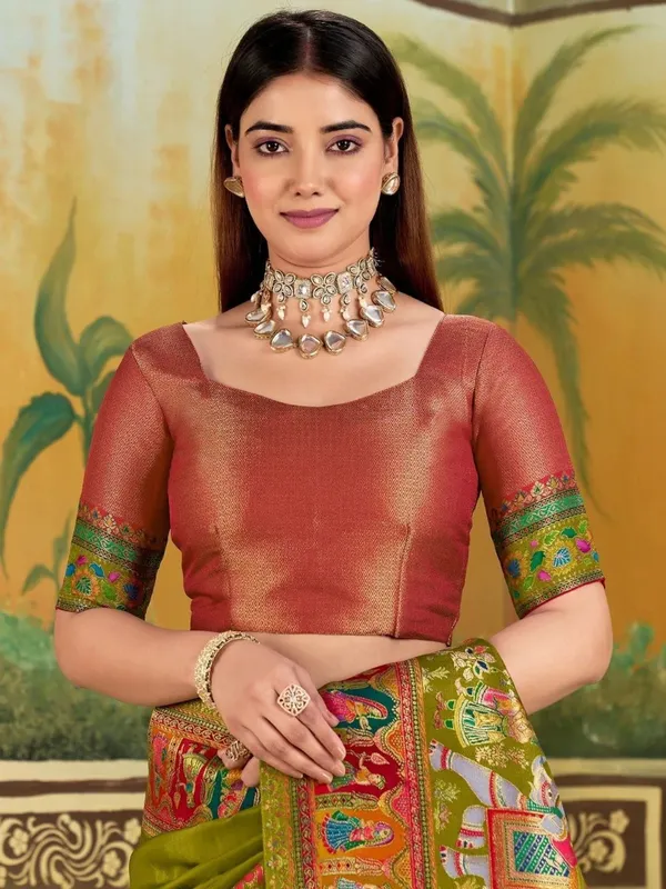 Olive_Green_Traditional_Print_Saree_For_Women
