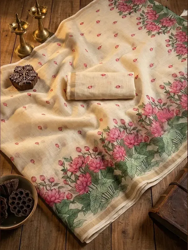 Cream_Floral_Print_Saree_For_Women