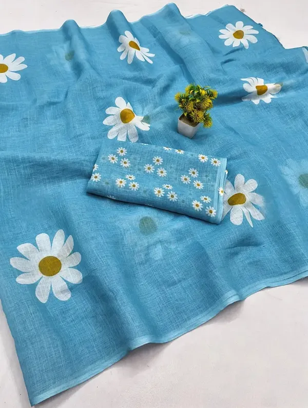 Blue_Linen_Floral_Print_Saree_for_Women