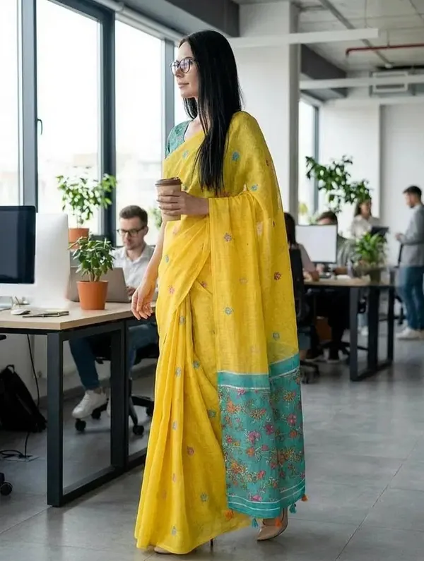 Yellow_Cotton_Floral_Printed_Saree_For_Women