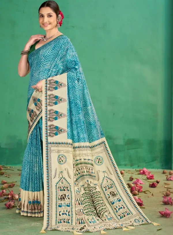 Turquoise_Printed_Ethnic_Saree_For_Women