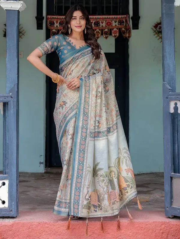 Blue_And_Cream_Printed_Saree_For_Women