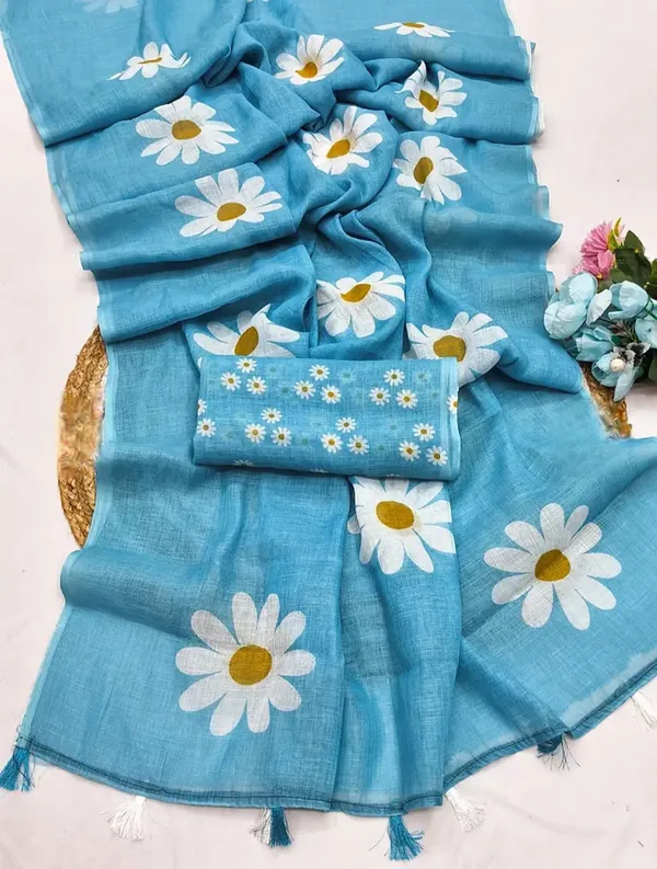 Blue_Linen_Floral_Print_Saree_for_Women