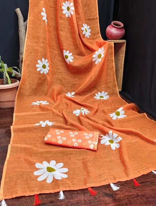 Orange_Floral_Print_Saree_With_Blouse_Piece