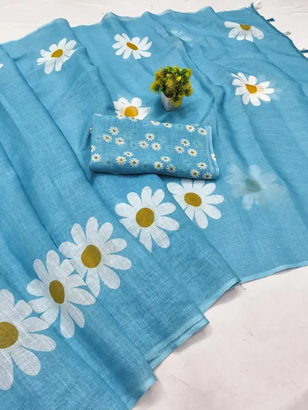 Blue_Linen_Floral_Print_Saree_for_Women
