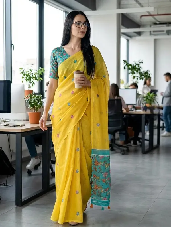 Yellow_Cotton_Floral_Printed_Saree_For_Women