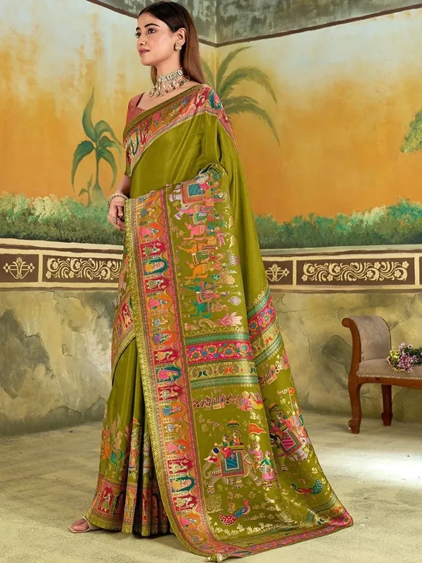 Olive_Green_Traditional_Print_Saree_For_Women