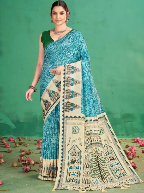 Turquoise_Printed_Ethnic_Saree_For_Women