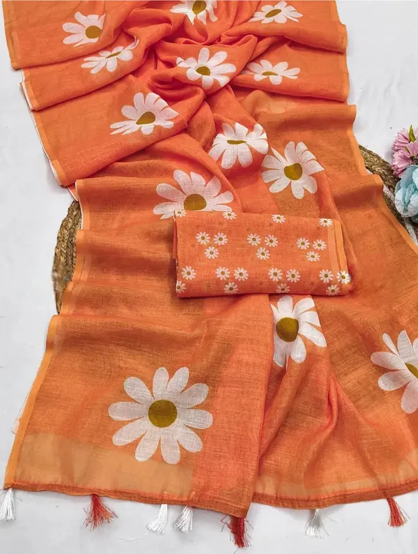 Orange_Floral_Print_Saree_With_Blouse_Piece