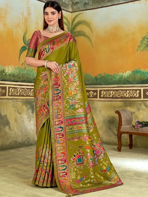 Olive_Green_Traditional_Print_Saree_For_Women