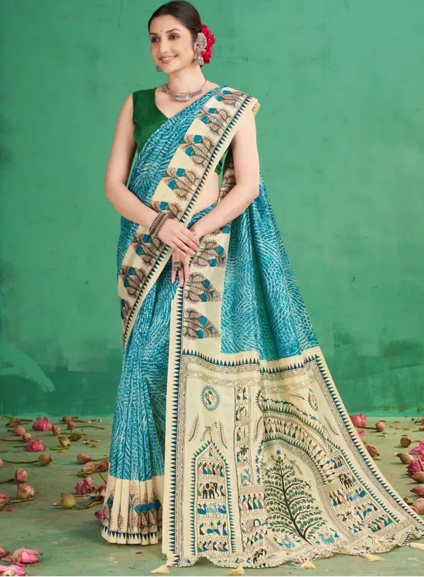 Turquoise_Printed_Ethnic_Saree_For_Women