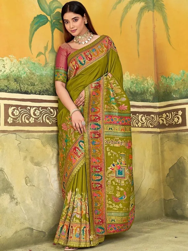 Olive_Green_Traditional_Print_Saree_For_Women