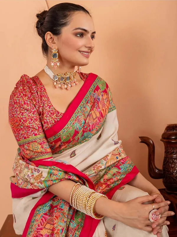Cream_Multicolor_Printed_Saree_For_Women
