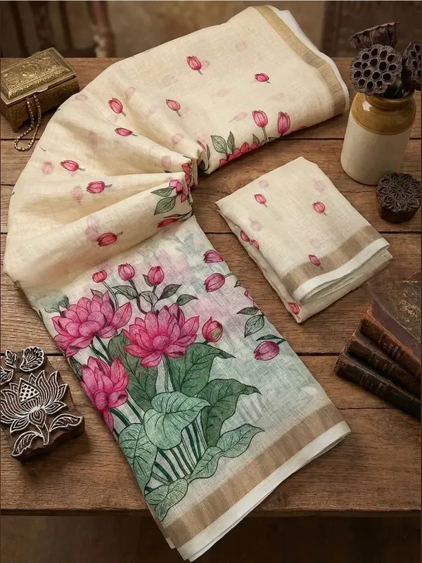 Cream_Floral_Print_Saree_For_Women