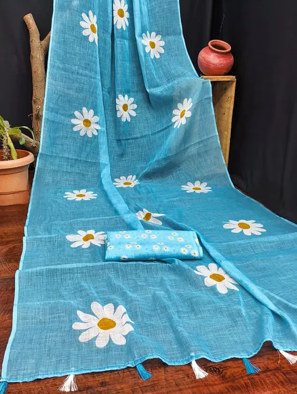 Blue_Linen_Floral_Print_Saree_for_Women