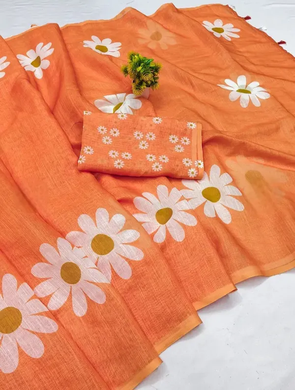 Orange_Floral_Print_Saree_With_Blouse_Piece