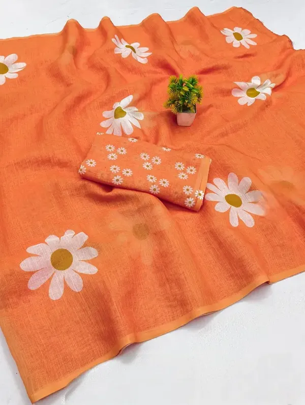 Orange_Floral_Print_Saree_With_Blouse_Piece