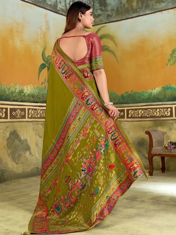 Olive_Green_Traditional_Print_Saree_For_Women