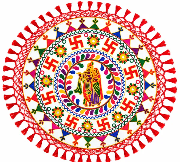 Handcrafted_Gujarati_Embroidery_Round_Thalposh_-_Radha_Krishna_&_Swastik_Mirror_Work_Pooja_Thali_Cover_&_Center_Table_Mat_With_Red_Tassels