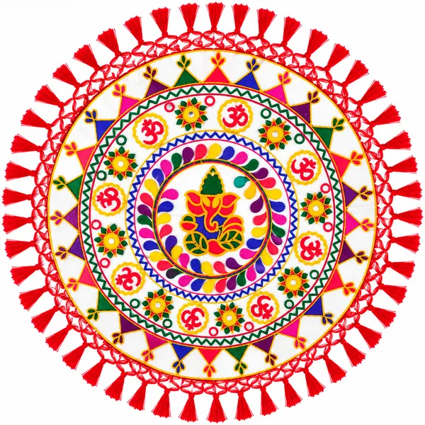 Handcrafted_Gujarati_Embroidery_Round_Thalposh_-_Lord_Ganesha_&_Om_Mirror_Work_Pooja_Thali_Cover_&_Center_Table_Mat_With_Red_Tassels