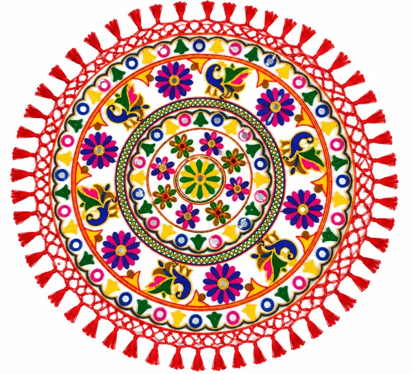 Handcrafted_Gujarati_Embroidery_Square_Thalposh_-_Lotus_Floral_Mirror_Work_Chowki_Mat_&_Table_Cover_with_Red_Tassels
