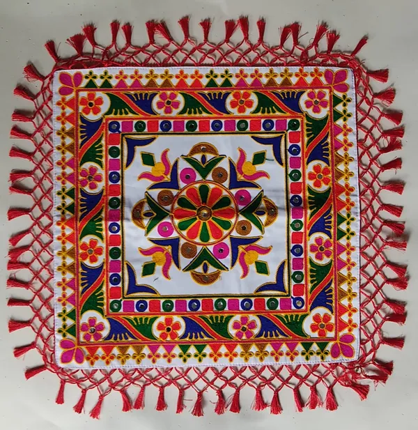 Handcrafted_Gujarati_Embroidery_Square_Thalposh_-_Lotus_Floral_Mirror_Work_Chowki_Mat_&_Table_Cover_with_Red_Tassels