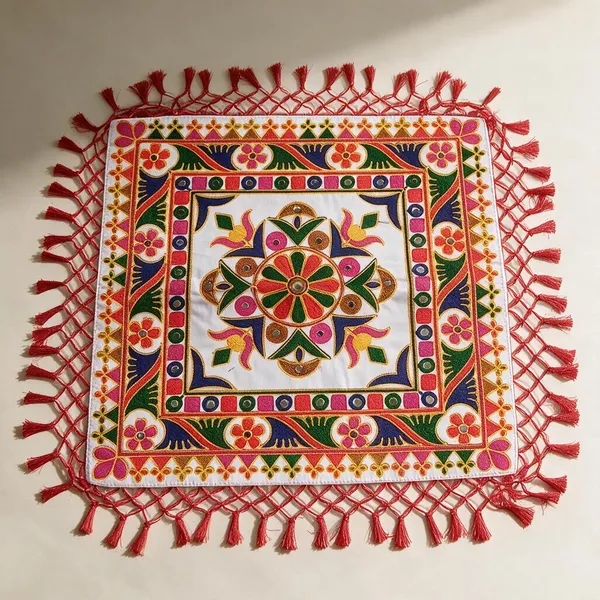 Handcrafted_Gujarati_Embroidery_Square_Thalposh_-_Lotus_Floral_Mirror_Work_Chowki_Mat_&_Table_Cover_With_Red_Tassels