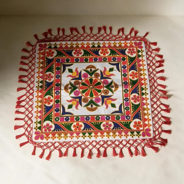 Handcrafted_Gujarati_Embroidery_Square_Thalposh_-_Lotus_Floral_Mirror_Work_Chowki_Mat_&_Table_Cover_With_Red_Tassels