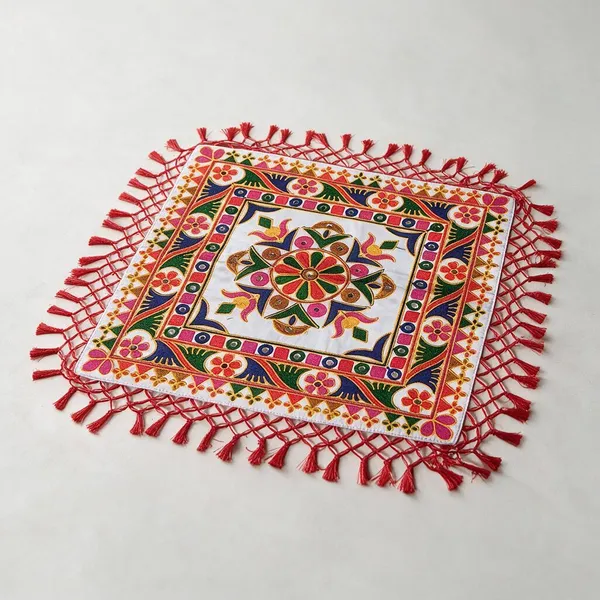 Handcrafted_Gujarati_Embroidery_Square_Thalposh_-_Lotus_Floral_Mirror_Work_Chowki_Mat_&_Table_Cover_With_Red_Tassels