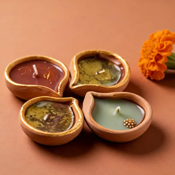 Wax_Festive_Assorted_Shape_Diya_Candle_Set_Brown_Olive_Grey_Pack_Of_4