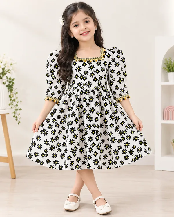 White_And_Black_Georgette_Floral_Print_Fit_And_Flare_Dress_For_Girls