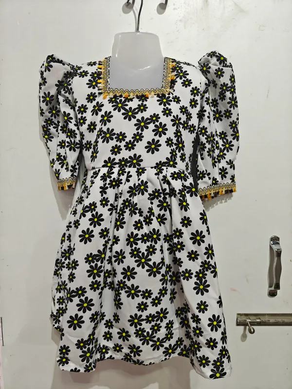 White_And_Black_Georgette_Floral_Print_Fit_And_Flare_Dress_For_Girls