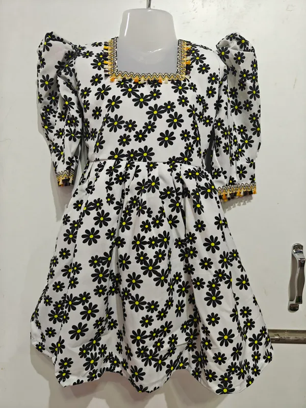 White_And_Black_Georgette_Floral_Print_Fit_And_Flare_Dress_For_Girls