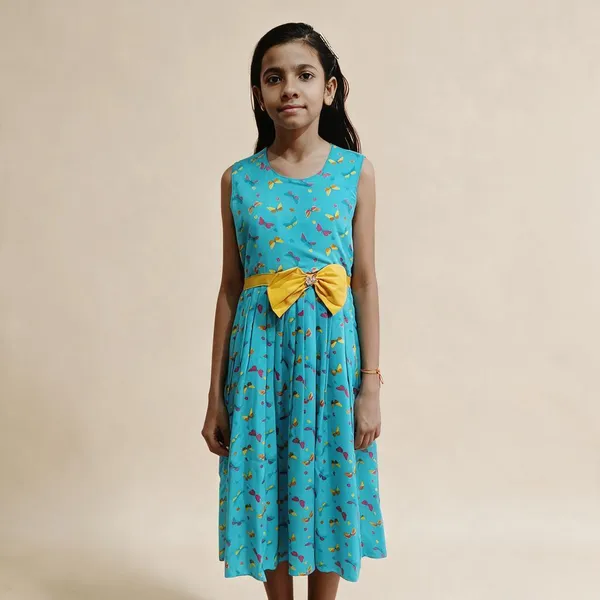 Blue_Viscose_Rayon_Below_Knee_Casual_Sleeveless_Dress_For_Girls