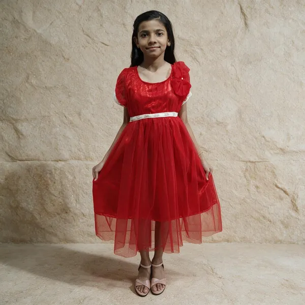 Red_Satin_Net_Below_Knee_Festive/Wedding_Half_Sleeve_Dress_For_Girls