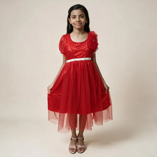 Red_Satin_Net_Below_Knee_Festive/Wedding_Half_Sleeve_Dress_For_Girls
