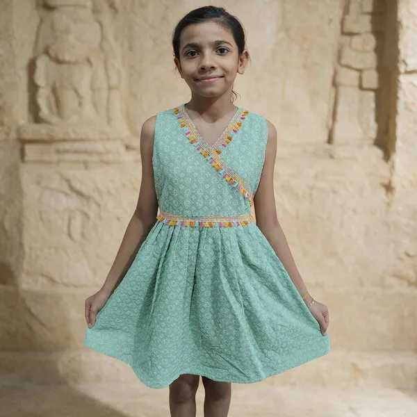 Blue_Cotton_Rayon_Midi/Knee_Length_Festive/Wedding_Sleeveless_Dress_For_Girls