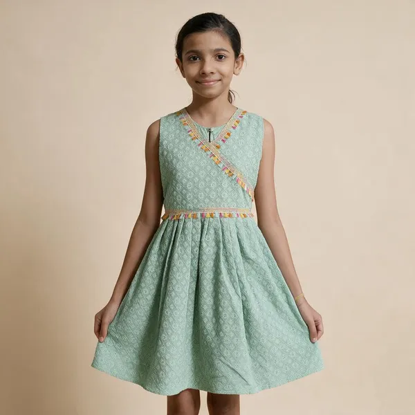 Blue_Cotton_Rayon_Midi/Knee_Length_Festive/Wedding_Sleeveless_Dress_For_Girls