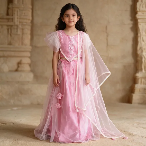 Pink_Net_Satin_Party_Wear_Self_Design_Lehenga_Choli_And_Dupatta_Set_For_Girls