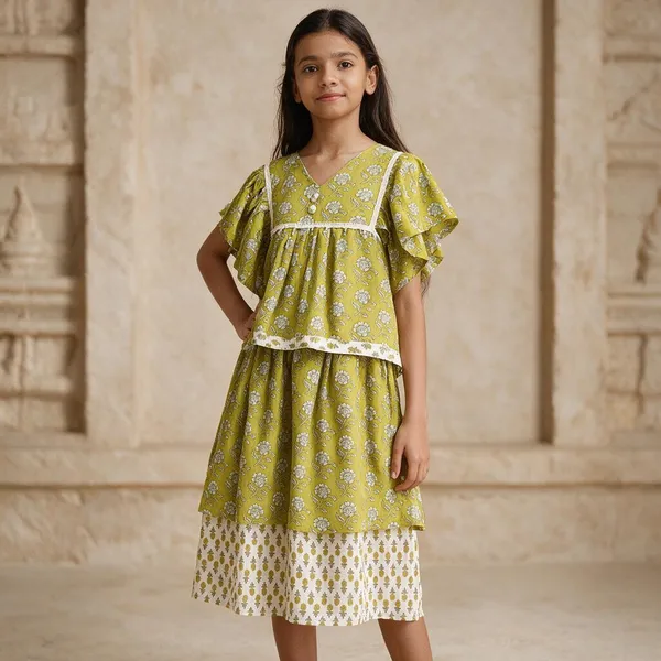 Green_Cotton_Floral_Printed_Flared_Dress_For_Girls