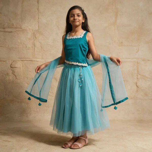 Green_And_Blue_Net_Satin_Lehenga_Choli_Set_For_Girls