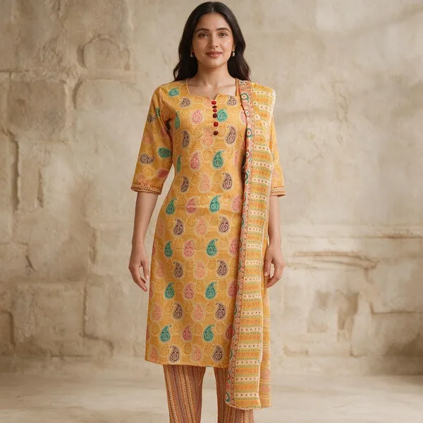 Saffron_Cotton_Polyester_Blend_Printed_Kurta_Set_For_Women