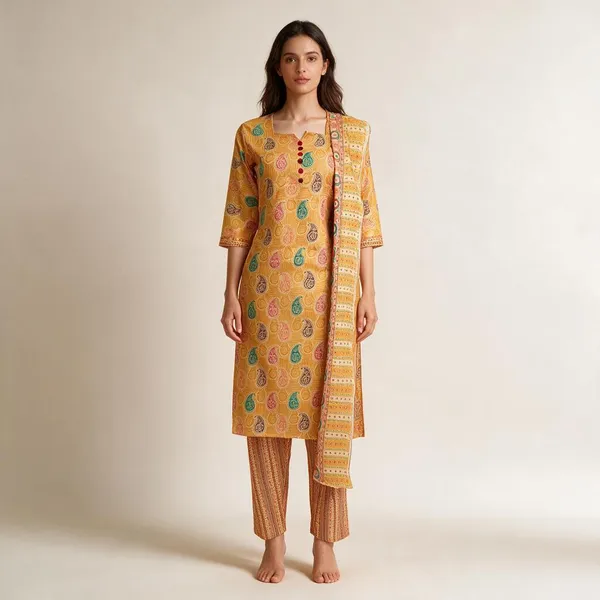 Saffron_Cotton_Polyester_Blend_Printed_Kurta_Set_For_Women