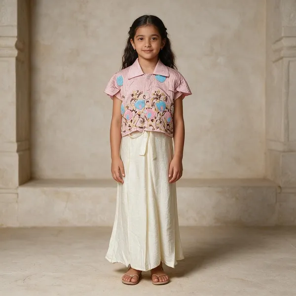 Pink_And_Peach_Georgette_Embroidered_Top_And_Skirt_Set_For_Girls