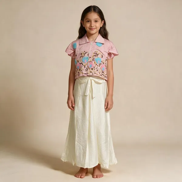 Pink_And_Peach_Georgette_Embroidered_Top_And_Skirt_Set_For_Girls