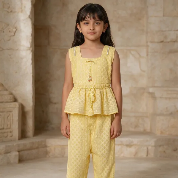 Yellow_Cotton_Lace_Peplum_Top_And_Trouser_Set_For_Girls